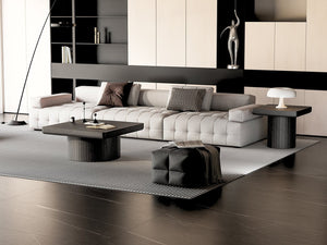 English Elm Modern Parquet Wood Nesting Coffee Tables Sculptural Fluted Pedestal Living Room Set Black W1435S00031