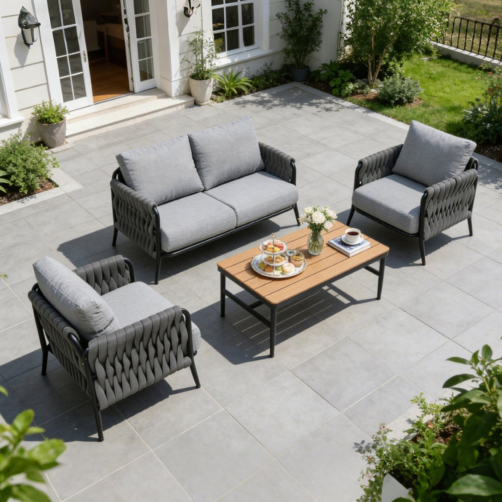 English Elm 4-piece Outdoor Wicker Conversation Set with Thick Cushions and Wpc Coffee Table T5880S00018