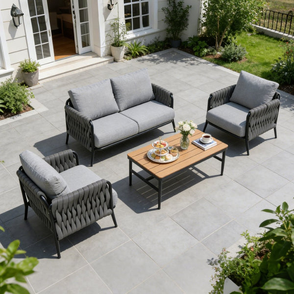 English Elm 4-piece Outdoor Wicker Conversation Set with Thick Cushions and Wpc Coffee Table T5880S00018