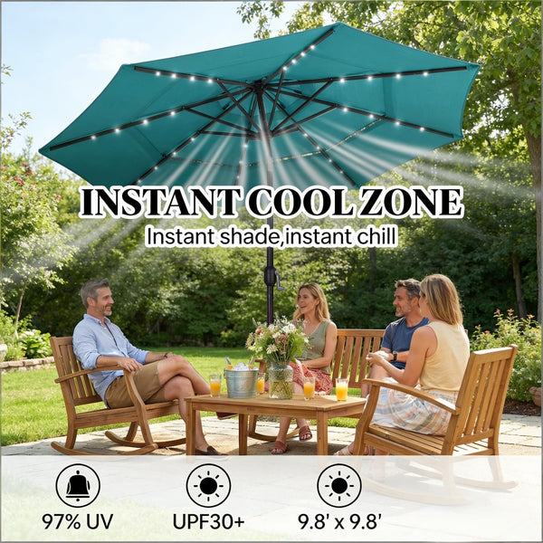 English Elm Garden Cantilever Patio Umbrella with Solar Led Lights and Upf30 Polyester Canopy Teal T3971P481872