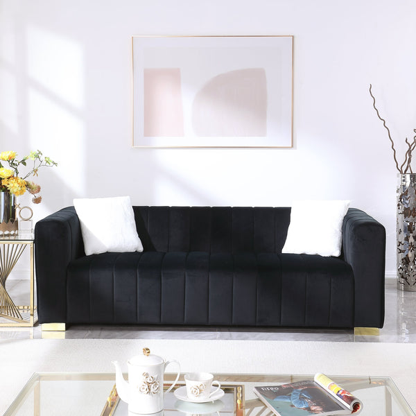 English Elm A Modern Channel Sofa - Luxurious Black Velvet Chesterfield 3-Seater For Stylish Living Spaces W1099S00128