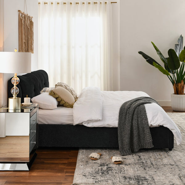 English Elm King Size Hydraulic Platform Bed With Integrated Headboard - Stylish Chenille Upholstery, Black W1413S00116