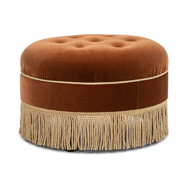 English Elm Jennifer Taylor Home - Yolanda Round 24" Upholstered Accent Ottoman in Performance Velvet with Tassel Fringe, Durable Build Burnt Orange B2719P358853