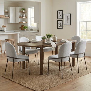 English Elm 7 Piece Oval Rubberwood Dining Set Seats Six with Upholstered Gray Farmhouse Chairs N762P396360D_N762P288935E6