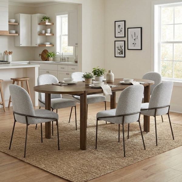 English Elm 7 Piece Oval Rubberwood Dining Set Seats Six with Upholstered Gray Farmhouse Chairs N762P396360D_N762P288935E6