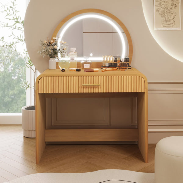 English Elm 39" Makeup Vanity Table with Touchscreen LED Mirror, Sleek Dressing Table with Drawer and Glass Top - Durable Rubberwood, Fast Assembly Natural N704P196658N