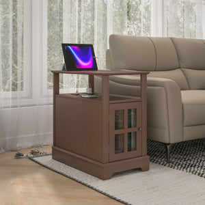 English Elm HOMCOM Narrow End Table with Built-In Charging Station, Hidden Glass Storage and Open Shelf Elegance Brown W2225P229465