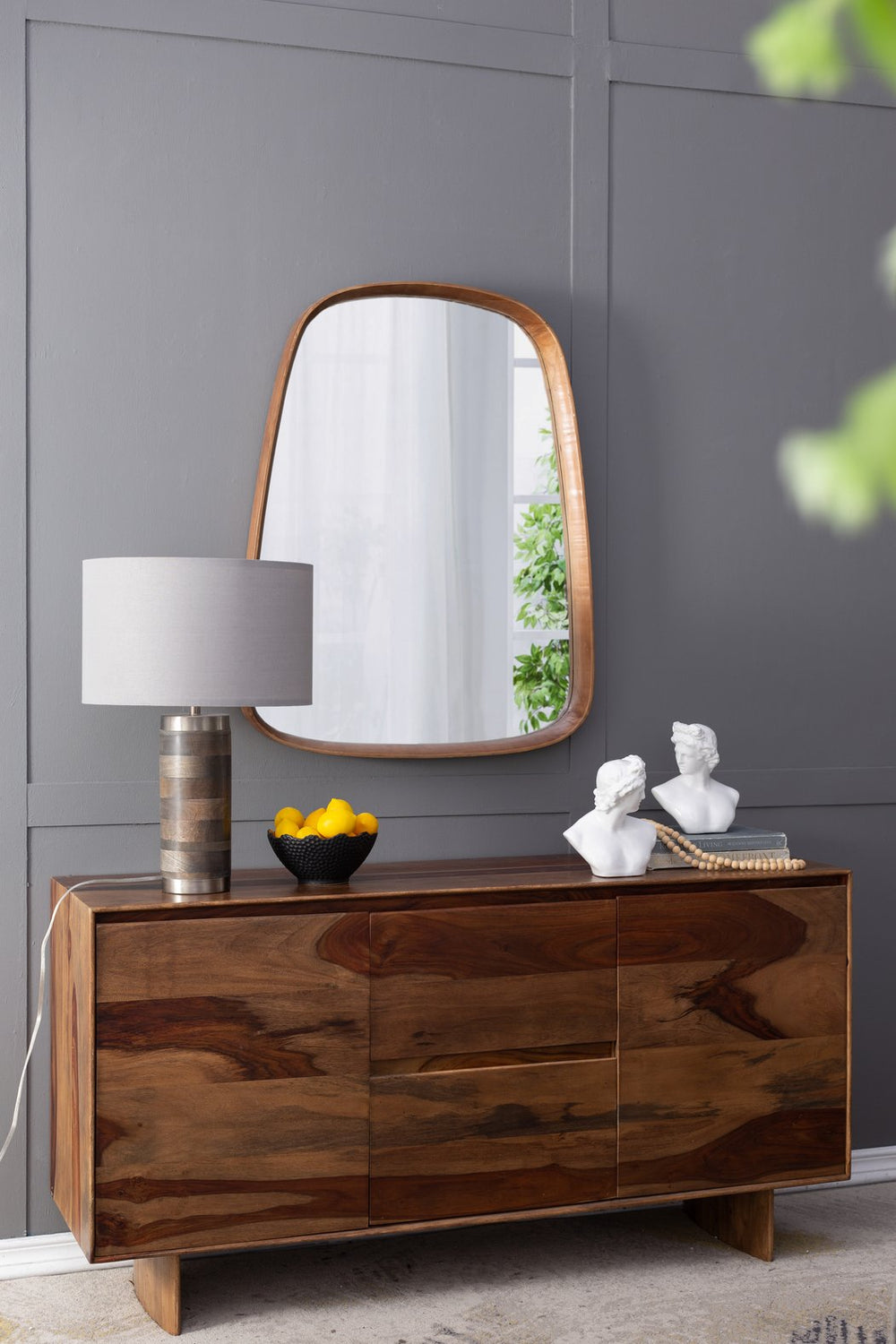 English Elm 16x16x23.5" Gray and Silver Brushed Table Lamp with Drum Shade, Iron & Mango Wood Base, Modern Bedside Accent W2078P399250