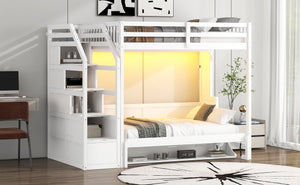 English Elm Full XL Loft Bed with Storage Staircase & Murphy Bed, Solid Pine, LED Light, Space-Saving White N7090004017K