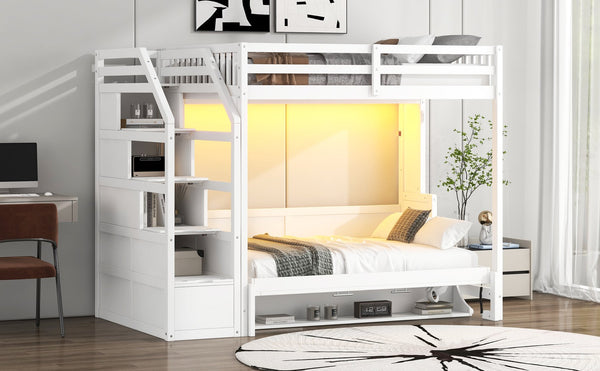 English Elm Full XL Loft Bed with Storage Staircase & Murphy Bed, Solid Pine, LED Light, Space-Saving White N7090004017K