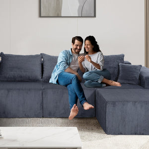 English Elm 4-Piece Modular L-Shaped Sectional Sofa with Corduroy Upholstery, Convertible Chaise, Pillows Included Grey W3163S00037