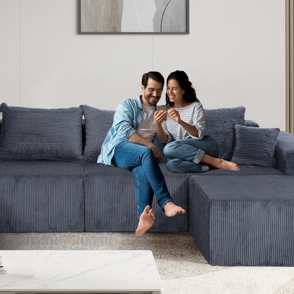 English Elm 4-Piece Modular L-Shaped Sectional Sofa with Corduroy Upholstery, Convertible Chaise, Pillows Included Grey W3163S00037