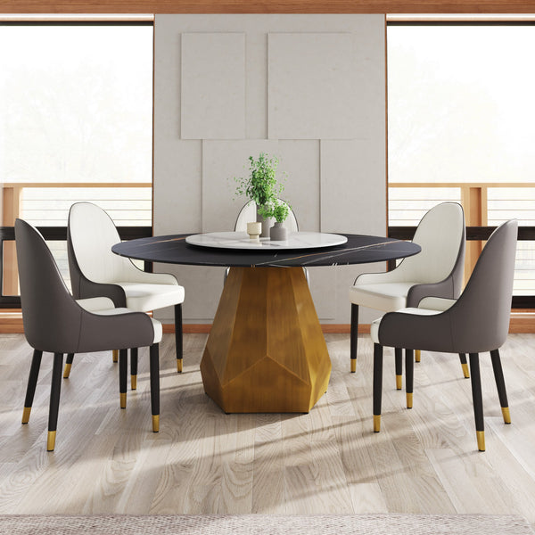 English Elm 59.05" Round Marble Dining Table With Turntable - Seats 6-8, Stylish Metal Base & Easy-Clean Surface W1535S00375