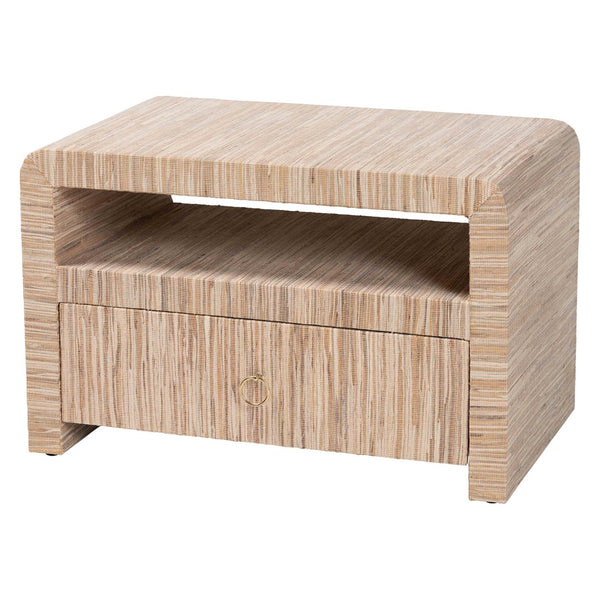 English Elm Bohemian Grasscloth Wrapped Nightstand with Drawer and Open Shelf for Boho Bedrooms B2750P467818