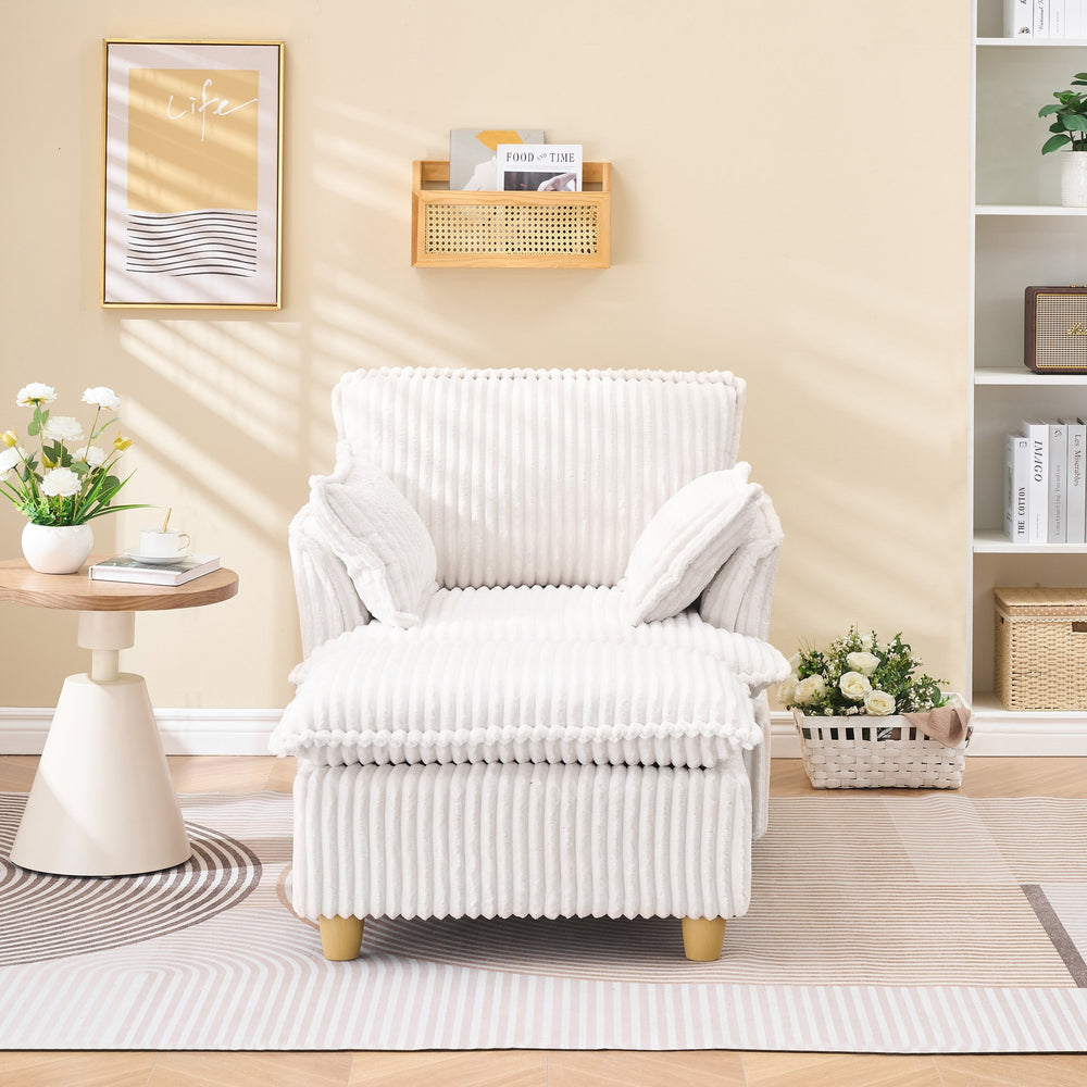 English Elm This single-seat corduroy sofa with ottoman and pillows — compact lounge chair for cozy reading nooks and naps Beige W1658S00108