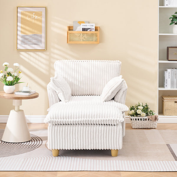 English Elm This single-seat corduroy sofa with ottoman and pillows — compact lounge chair for cozy reading nooks and naps Beige W1658S00108