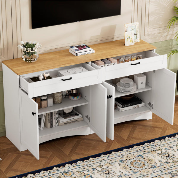 English Elm ON-TREND Farmhouse TV Stand 62.9" Rustic Wood-Grain Top with 2 Drawers, Adjustable Shelves, Stable Storage for Living Room Bedroom Dining White N721P245732K