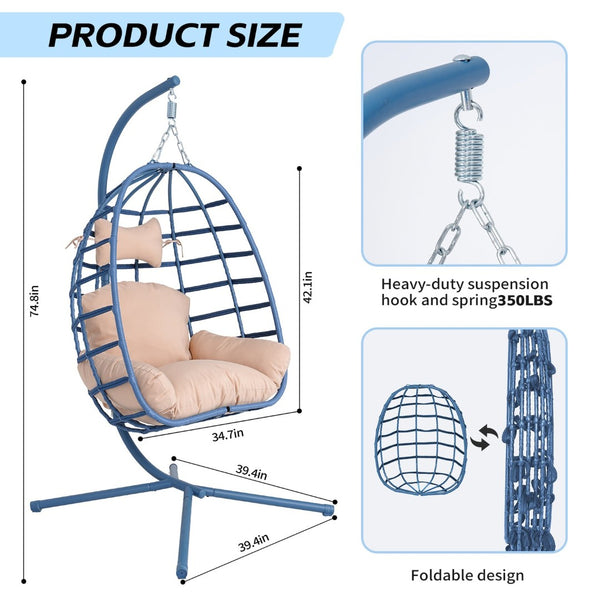 English Elm Egg Hanging Chair with Stand Pe Rattan Swing Seat Washable Cushion Patio Bedroom T5880P497434