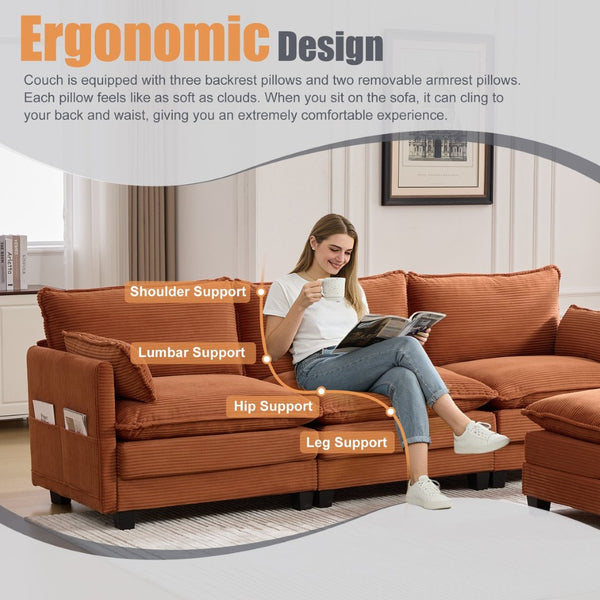 English Elm United We Win Modular Corduroy Sectional with Ottoman Low Profile Living Room Couch Orange W1568S00258