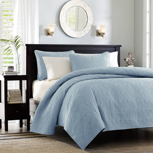 JLA Home Madison Park - 3 Reversible Quilt Set with Textured Stitching, Breathable Prewashed Cotton Fill, Antimicrobial Protection, Machine Washable Blue MP13-367
