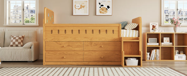 English Elm Wooden Full Bed Frame with Led Headboard Four Storage Drawers and Ladder Shelf Wood N7090004028D