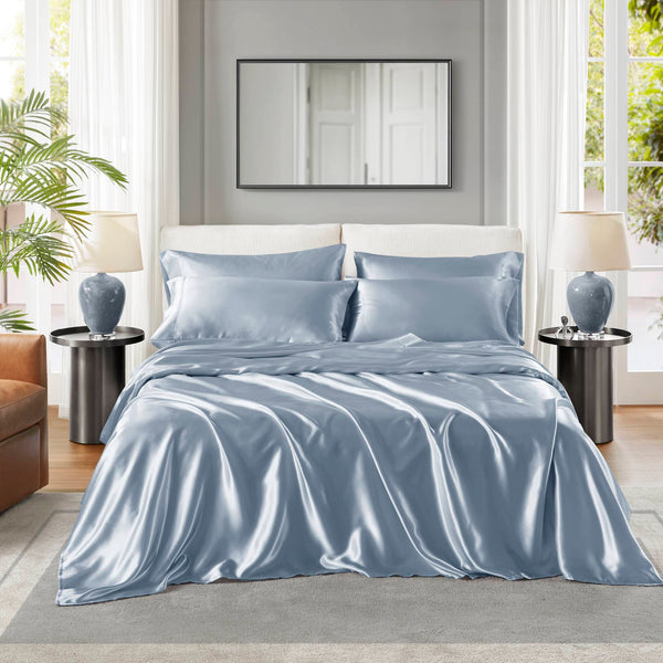 English Elm 6 Luxury King Satin Sheet Set Blue – 6-Piece 100% Polyester 90g Soft Wrinkle-Resistant Bedding Pack B035P319702