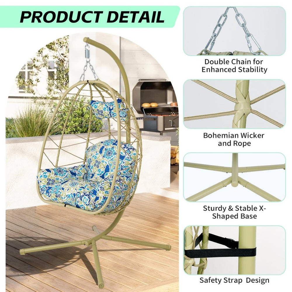 English Elm Hanging Egg Swing Chair Pe Wicker with Stand Washable Cushion Patio Bedroom T5880P497575