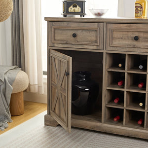 English Elm Farmhouse Wine Cabinet Bar with 12-Bottle Rack, Removable Storage, Glass Holder & Vintage Top Finish Gray Wash W1758P210364
