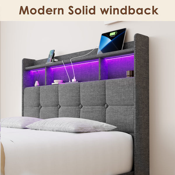 English Elm Full LED Linen Bed Frame with Headboard Storage, 2 Drawers, Fast Charging Ports & Nightlight Ambiance W1550P190364