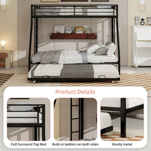 English Elm High Strength Iron Bunk Bed with Rolling Trundle Minimalist Queen Frame for Three W1935P360876