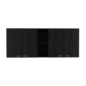 English Elm Wall Mounted Kitchen Cabinet Four Door Black Finish with Open Shelves and Dish Organizer B097133121