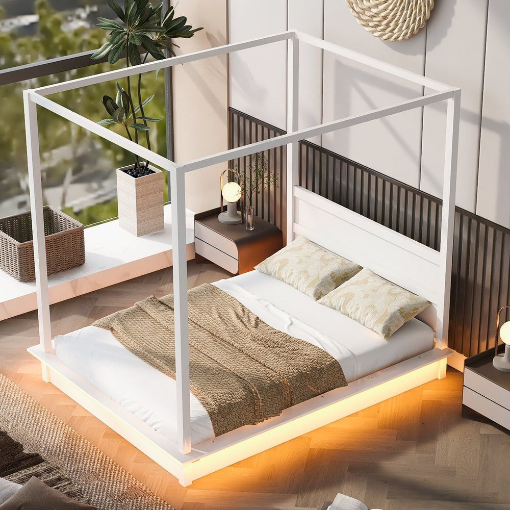 English Elm Queen LED Canopy Bed Frame White – Modern Platform Queen with Support Slats, No Box Spring Needed, Stylish Curtains-Friendly Design N708P292151K