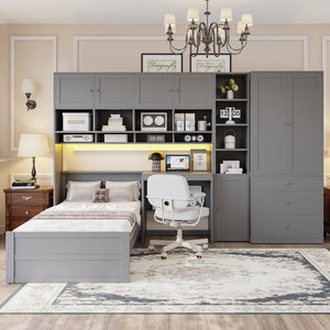 English Elm Wooden Twin Loft Bed with Built-in Desk Wardrobe Storage Drawers and Led Lighting N820S00069E