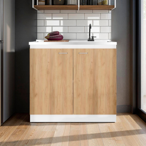 English Elm White and Oak Two-tone Kitchen Pantry Cabinet with Double Doors Three Interior Shelves B062S01868