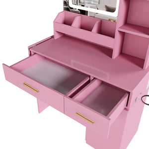 English Elm Vanity Desk with Led Mirror Power Station 3 Drawers Shelves and Makeup Stool W2700P342539