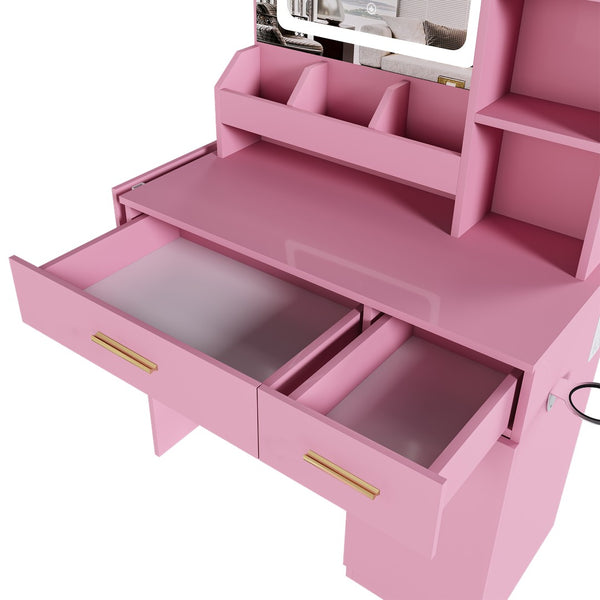 English Elm Vanity Desk with Led Mirror Power Station 3 Drawers Shelves and Makeup Stool W2700P342539