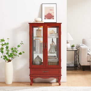 English Elm Lighted Curio Display Cabinet With Adjustable Glass Shelves, 2 Doors, & Drawer - Cherry Finish Elegance W2275P178823