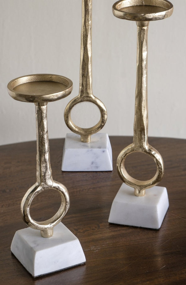 English Elm S/3 Gold Aluminum Pillar Candle Holders with Genuine Marble Base and Ring Detail W2078P490395