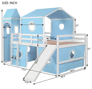 English Elm Full Size Castle Loft Bed with Slide Pink Tent Tower Pinewood Kids Play Frame LT000771AAC-1