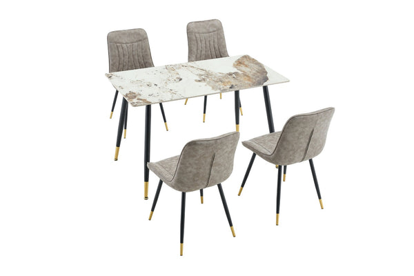 English Elm Modern Sintered Stone Rectangular Dining Table with Gold Accent Metal Base W3493S00016