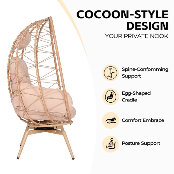 English Elm Oversized Swivel Rattan Egg Chair with Plush Cushions for Patio or Indoor Lounging T5880P501004