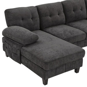 English Elm U-shaped Chenille Sectional Sofa with Dual Chaise Lounges, Tufted Back, Storage Pockets & Pillows Black N719S002040B