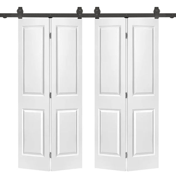 English Elm 72 in White Mdf Double Bi-fold Barn Doors with Raised Panel Design and Sliding Hardware B2763P491052