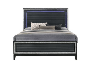 English Elm Haiden Queen Bed with LED Headboard, Weathered Black Finish, Silver Trim Accents & Sturdy 660lb Capacity B2726S00319