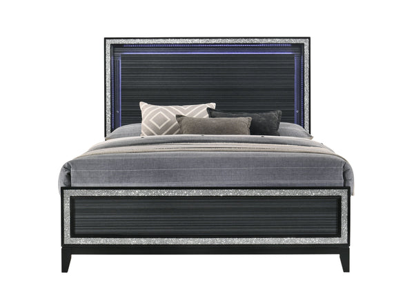 English Elm Haiden Queen Bed with LED Headboard, Weathered Black Finish, Silver Trim Accents & Sturdy 660lb Capacity B2726S00319