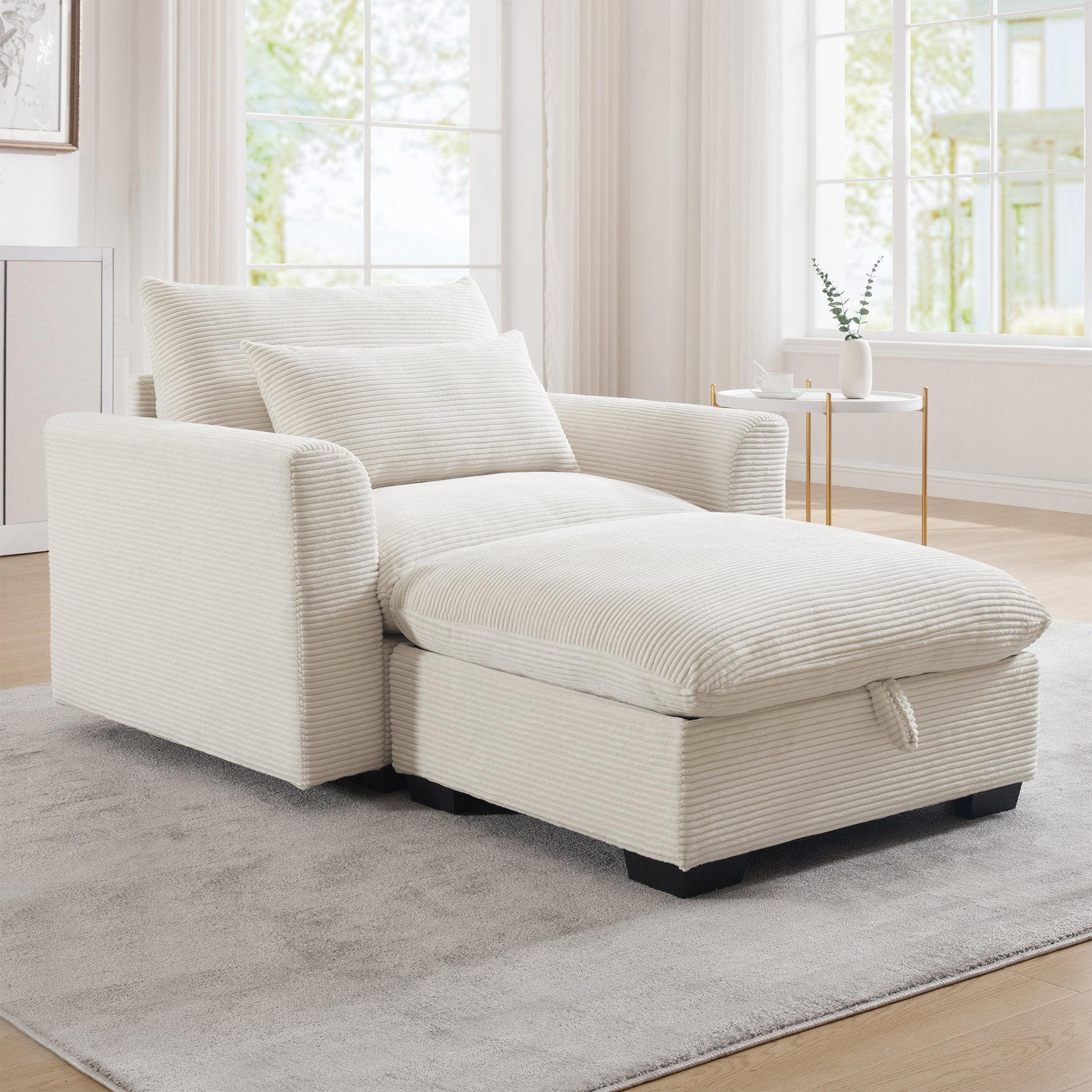 English Elm Beige Modular Corduroy Sofa Couch With Storage Ottoman - Versatile Deep Seating For Modern Spaces W714S00636