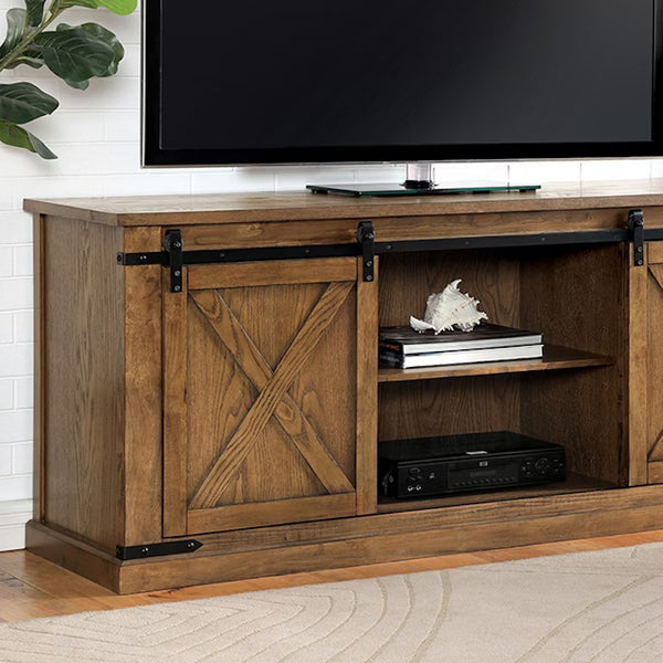 English Elm Rustic 72" TV Console with Sliding Barn Doors, X-Design Metal Accents, Open Shelves, Dark Oak Finish B2741P361884