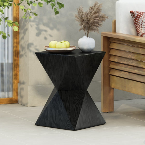 English Elm 14.25" Concrete Hourglass Outdoor Side Table Matte Black Hand Painted Patio Accent N767P192080B