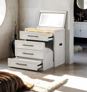 English Elm Bedside Vanity Set with LED Mirror, Jewelry Storage, Charging Ports, Felt Lined Tray, Stool Storage White 34 L x 22 W x 39 H B2741P380817