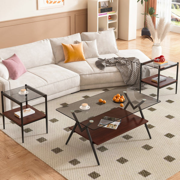 English Elm Coffee Table Set Of 3 With Gray Tempered Glass Top, Stylish Mdf Shelf & Iron Legs For Modern Living W241S00047